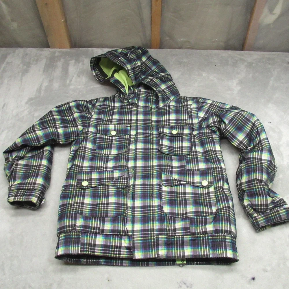 Burton Jacket Kids Small‎ Green Plaid Twist Bomber Dryride Ski Snowboard Winter